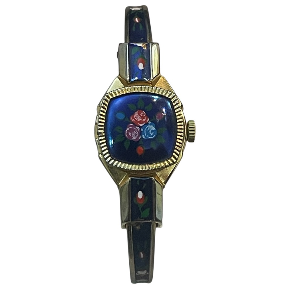 Vintage Floral Enamel Gold-Tone Watch Peek-A-Boo Hidden Face Bangle Swiss Made